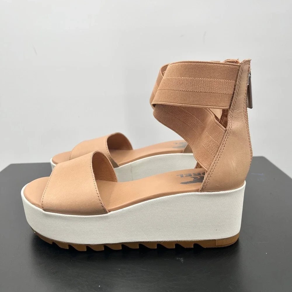 Sorel Kinetic Sandal Womens 6 Tan Good Platform Wedge NL3997-246 Strappy Zip